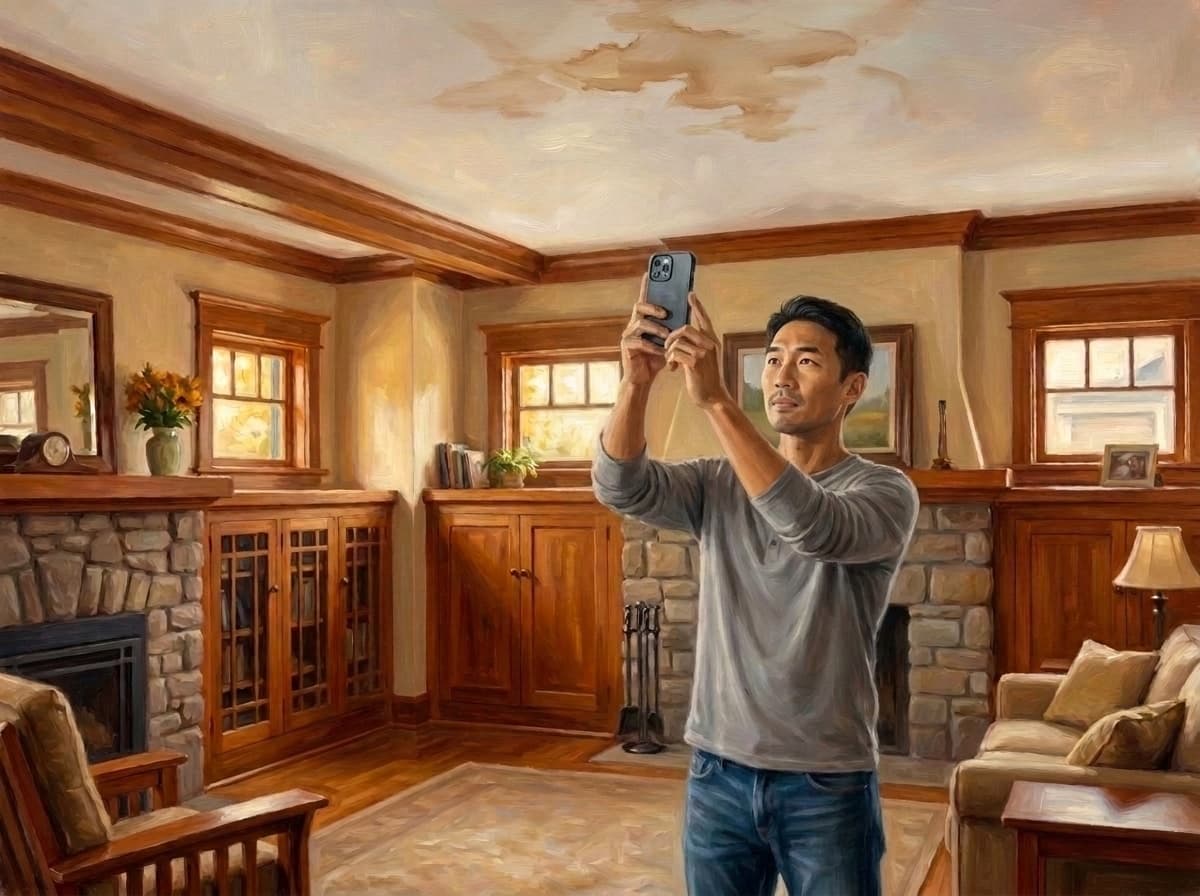 A homeowner photographing a ceiling water stain with his phone